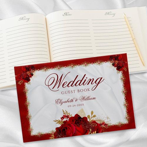 Elegant Wedding Red Gold White Floral Guest Book