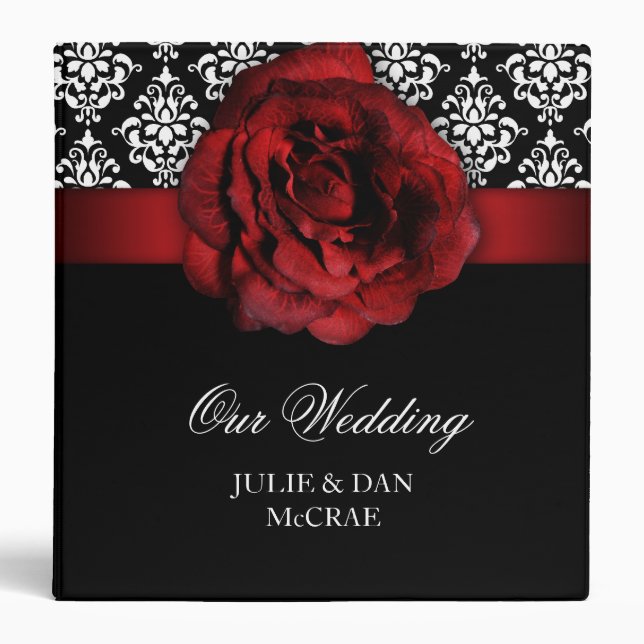 Elegant Wedding Red Rose Damask Red Black White Binder (Front)
