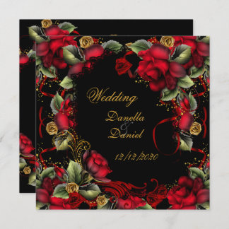 Elegant Wedding Red Roses Gold Black A Invitation