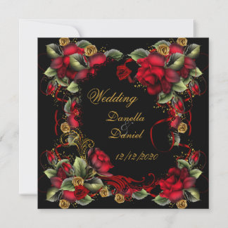 Elegant Wedding Red Roses Gold Black Invitation