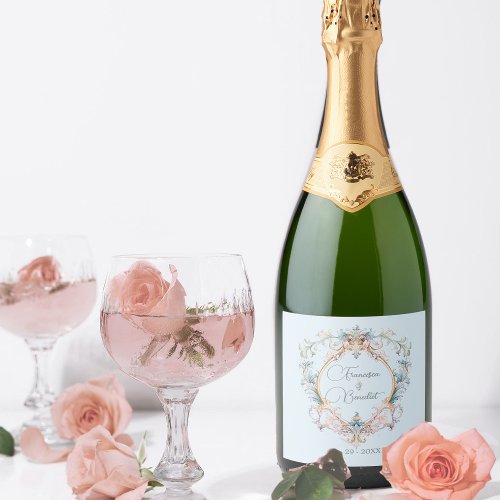 Elegant Wedding Regency Blue Vintage Crest Custom Sparkling Wine Label