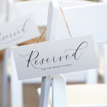 Elegant Wedding Reserved Sign to Hang on Chairs<br><div class="desc">Elegant, Soft Luxury Wedding Hanging Reserved Sign (Black): Hang these elegant wedding signs from chairs, or simply place flat on a chair seat. This wedding reserved sign features beautiful, soft typography in black and white. Change the colors and fonts to anything you like! Punch holes in the top on each...</div>