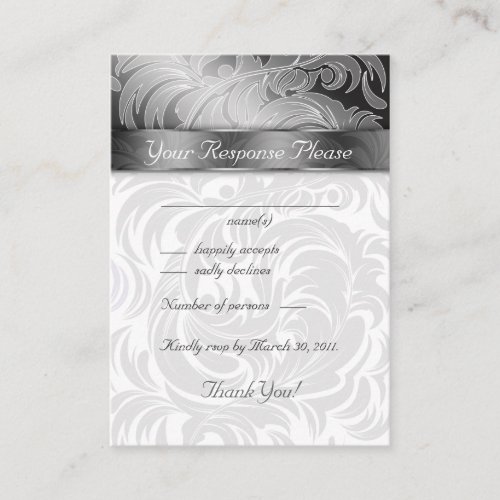 Elegant Wedding Response Cards Floral Leaf Silver Business Card Template