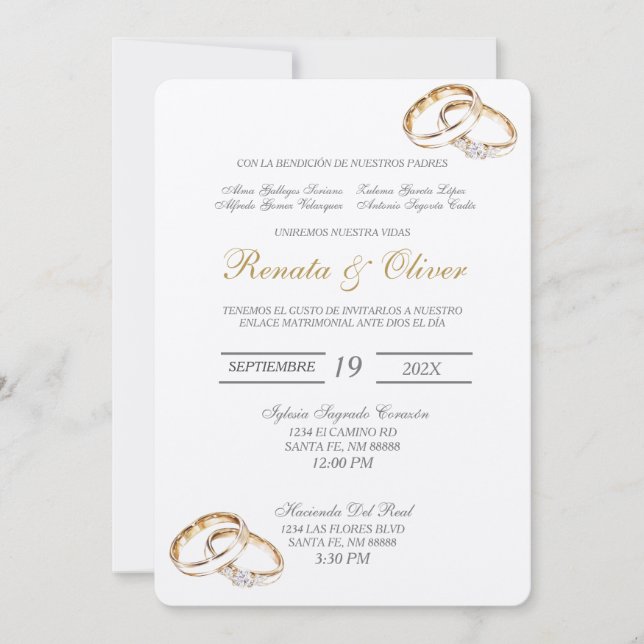 Elegant wedding ring Spanish Invitation (Front)