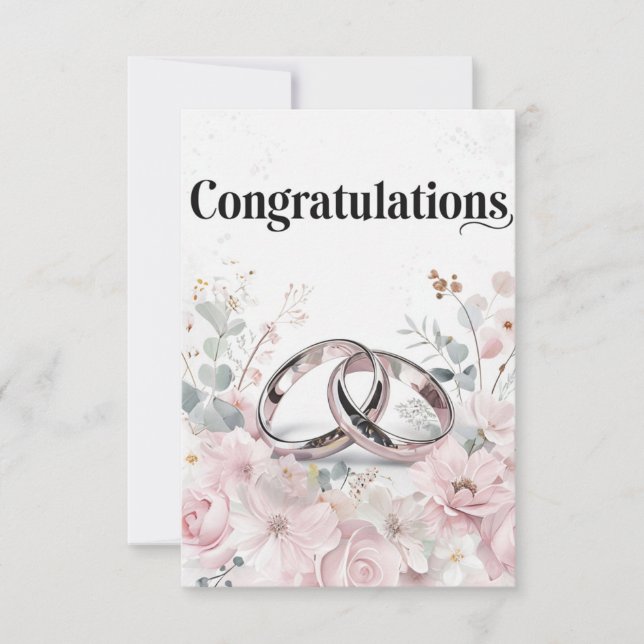 Elegant Wedding Rings and Floral Border  Card (Front)