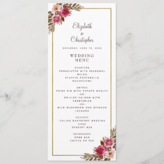 Elegant Wedding Rose Floral Gold Frame White Menu