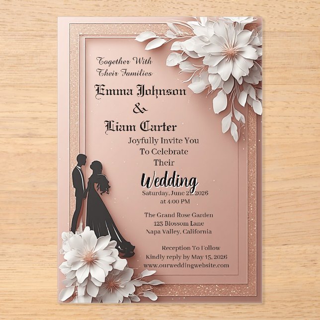 Elegant Wedding Rose Gold Floral Acrylic Invitations (Front)