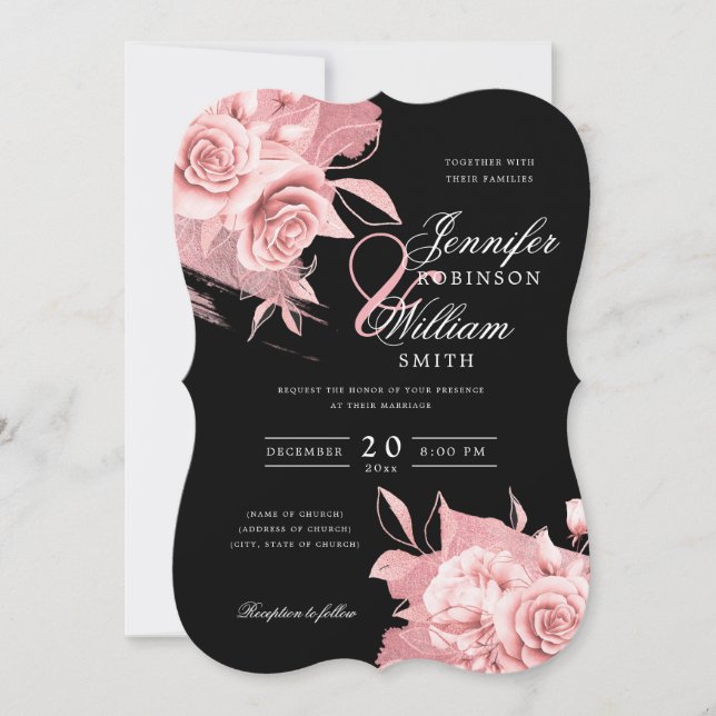 Elegant Wedding Rose Gold Floral & Foil Black  Invitation (Front)