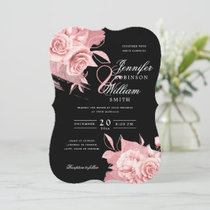 Elegant Wedding Rose Gold Floral & Foil Black  Invitation