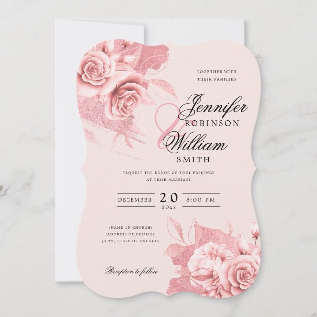 Elegant Wedding Rose Gold Floral & Foil Blush  Invitation (Front)
