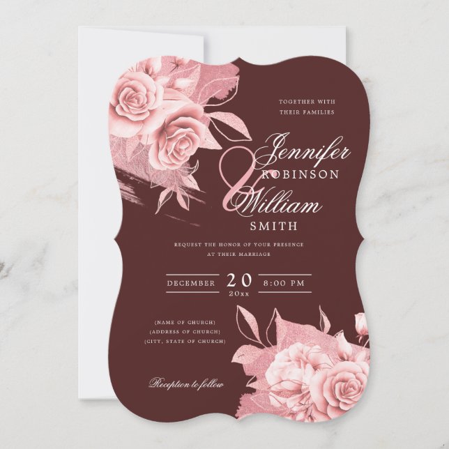 Elegant Wedding Rose Gold Floral & Foil Burgundy  Invitation (Front)
