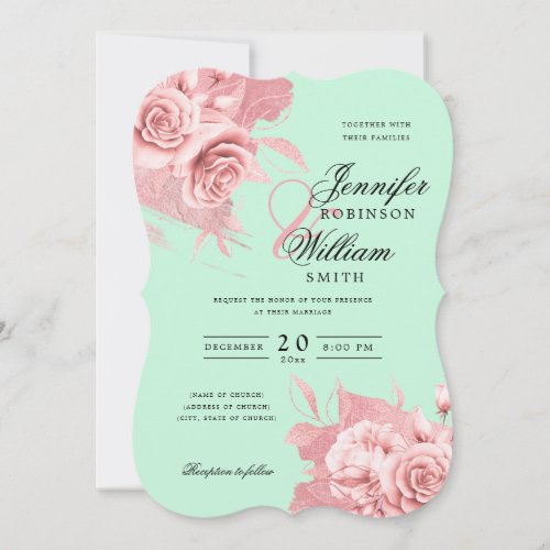 Elegant Wedding Rose Gold Floral  Foil Mint  Invitation