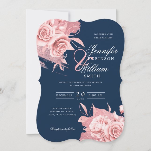 Elegant Wedding Rose Gold Floral & Foil Navy  Invitation (Front)