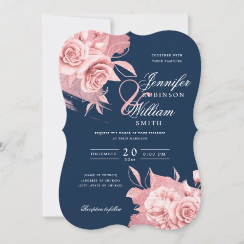 Elegant Wedding Rose Gold Floral  Foil Navy  Invitation