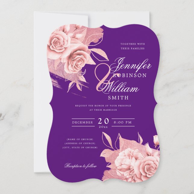 Elegant Wedding Rose Gold Floral & Foil Purple  Invitation (Front)