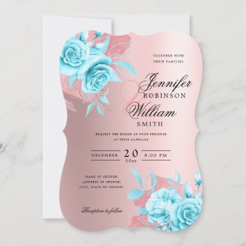 Elegant Wedding Rose Gold Floral  Foil Teal Invitation