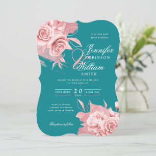 Elegant Wedding Rose Gold Floral & Foil Teal  Invitation