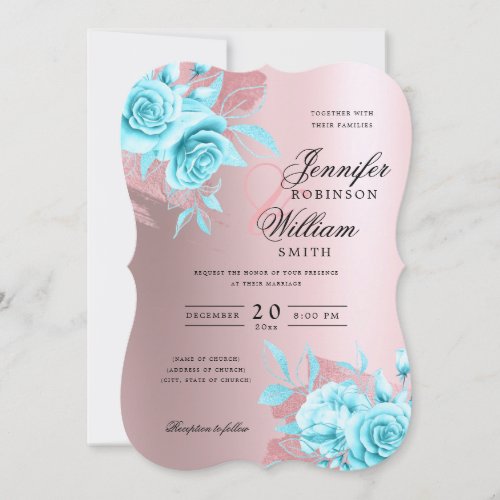 Elegant Wedding Rose Gold Floral  Foil Teal Invitation