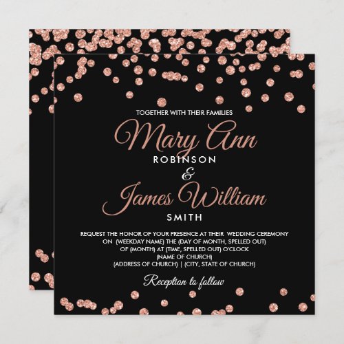 Elegant Wedding Rose Gold Glitter Confetti Black Invitation