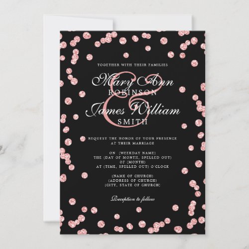 Elegant Wedding Rose Gold Glitter Confetti Black Invitation