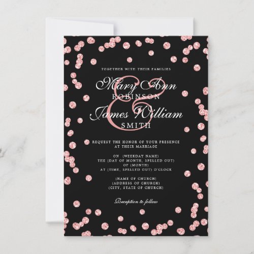 Elegant Wedding Rose Gold Glitter Confetti Black  Invitation