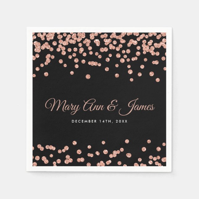 Elegant Wedding Rose Gold Glitter Confetti Black Napkins (Front)