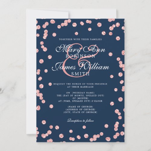 Elegant Wedding Rose Gold Glitter Confetti Navy  Invitation