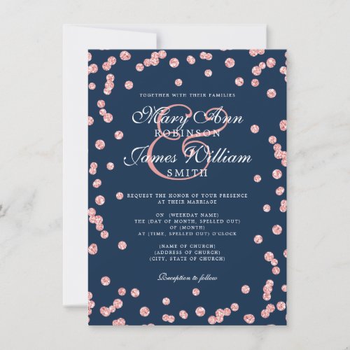 Elegant Wedding Rose Gold Glitter Confetti Navy  Invitation