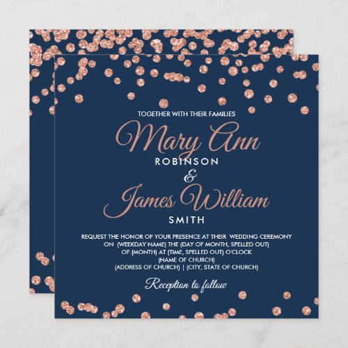 Elegant Wedding Rose Gold Glitter Confetti Navy Invitation