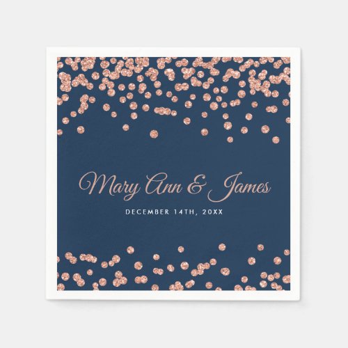 Elegant Wedding Rose Gold Glitter Confetti Navy Paper Napkins