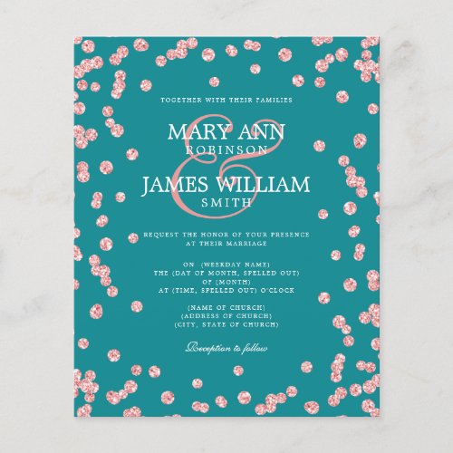 Elegant Wedding Rose Gold Glitter Confetti Teal  Flyer