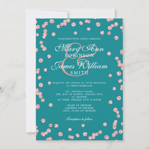 Elegant Wedding Rose Gold Glitter Confetti Teal  Invitation