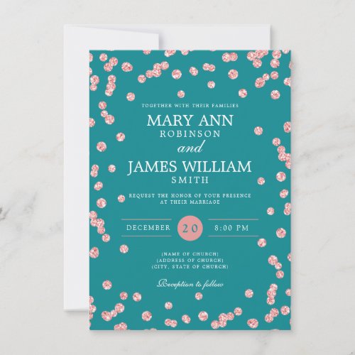Elegant Wedding Rose Gold Glitter Confetti Teal  Invitation