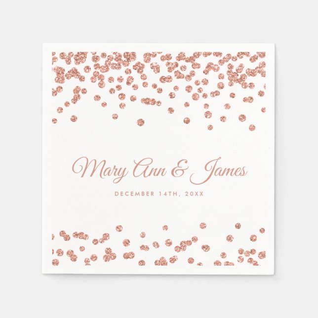 Elegant Wedding Rose Gold Glitter Confetti White Napkins (Front)