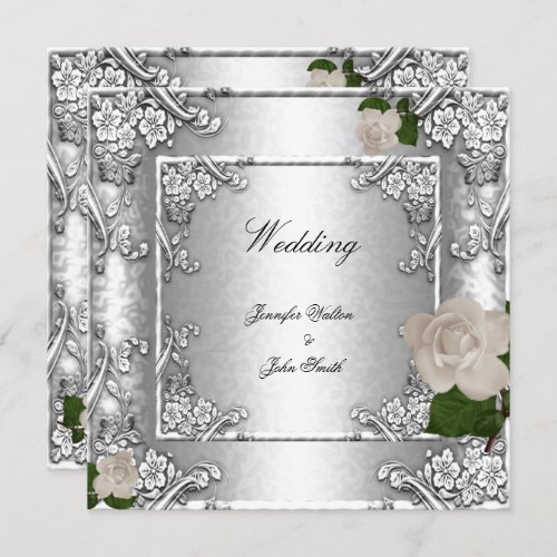 Elegant Wedding Rose Silver White 2 Invitation