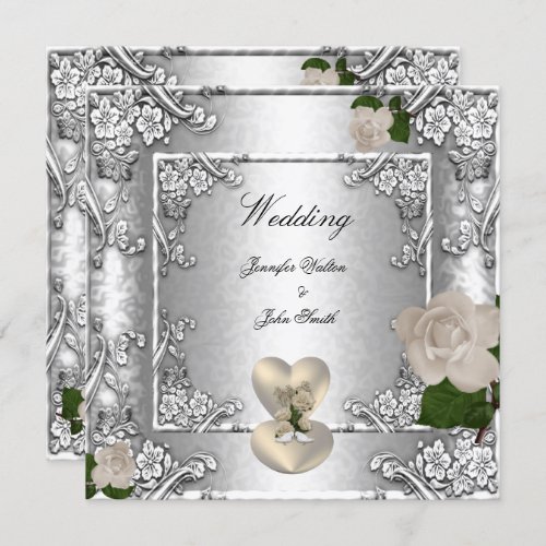 Elegant Wedding Rose Silver White Invitation