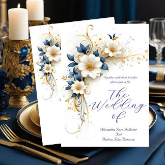 Elegant Wedding Royal Blue White Gold Flowers Invitation