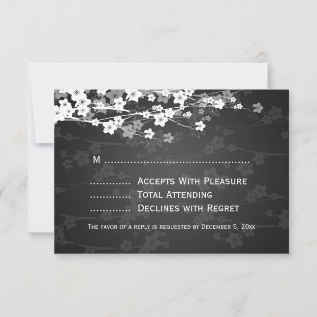 Elegant Wedding RSVP Cherry Blossom Black Card (Front)