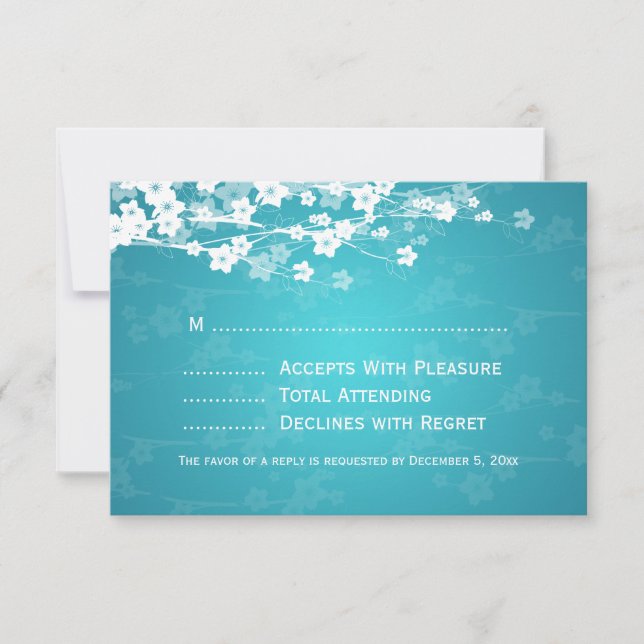Elegant Wedding RSVP Cherry Blossom Blue Card (Front)