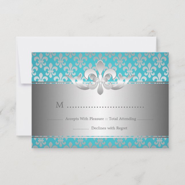 Elegant Wedding RSVP Fleur De Lis Blue Card (Front)