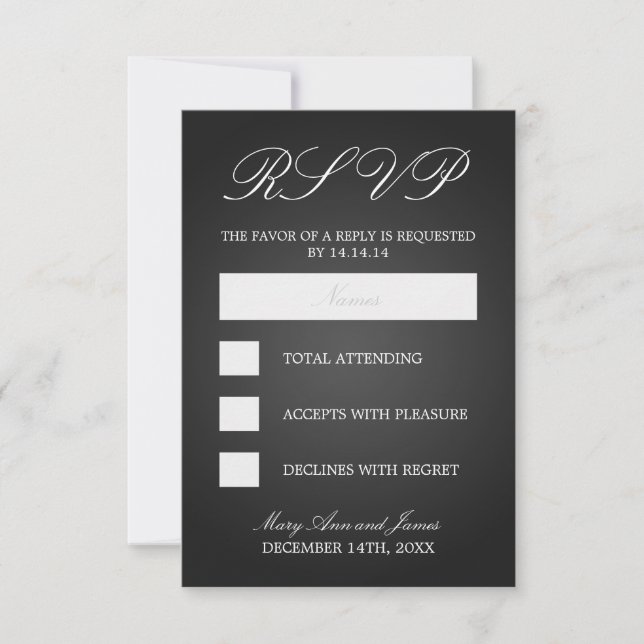 Elegant Wedding RSVP Monogrammed Hearts Black Card (Front)