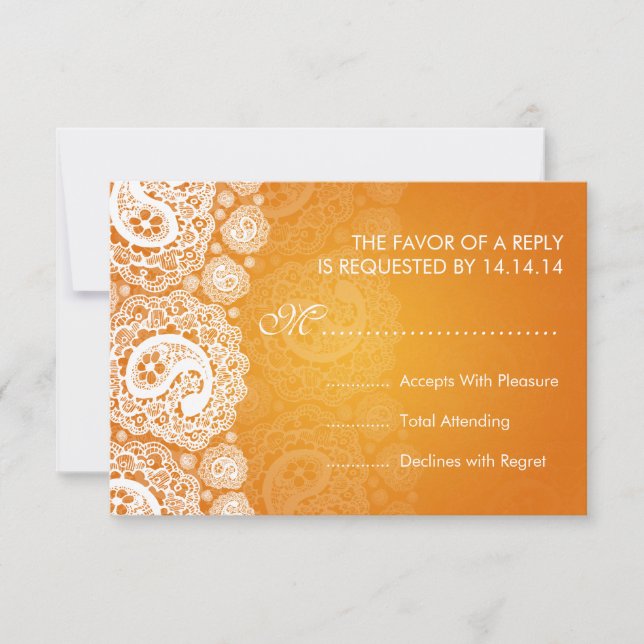 Elegant Wedding RSVP Paisley Lace Orange Card (Front)