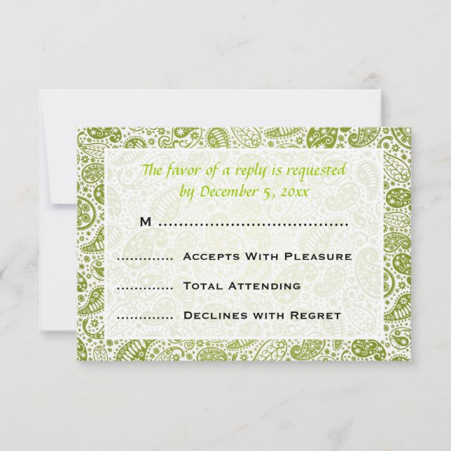 Elegant Wedding RSVP Paisley Pattern Lime Green (Front)