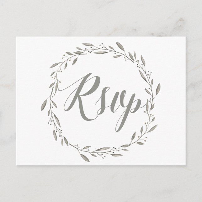 Elegant Wedding RSVP Postcards Grey Floral Wreath (Front)