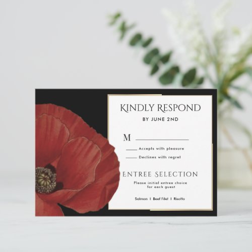 Elegant Wedding RSVP Red Poppy with Menu Options  Invitation