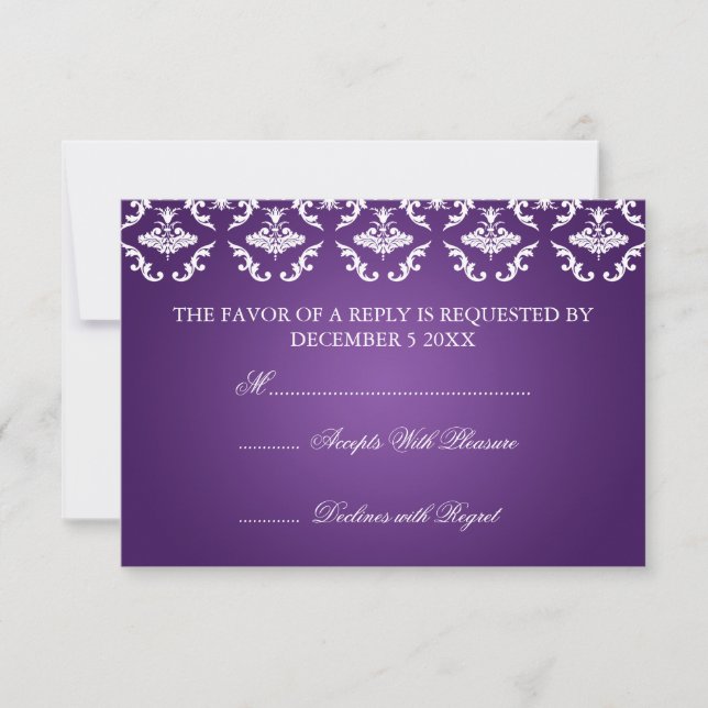 Elegant Wedding RSVP Vintage Damask Purple Card (Front)