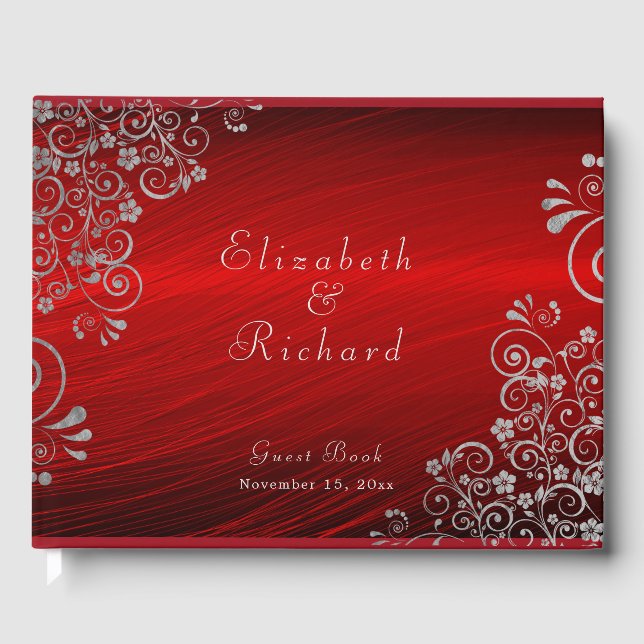 Elegant Wedding Ruby Red Silver Gray Swirls Script Guest Book (Front)