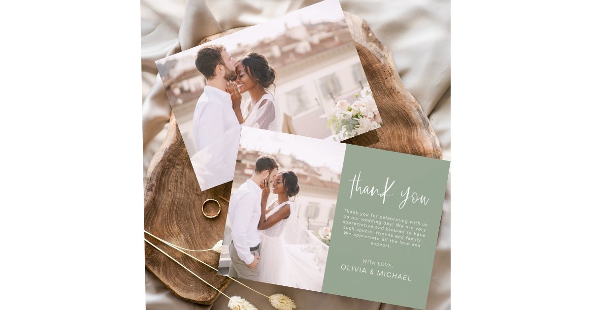 Elegant Wedding Sage Green Thank You Photo Card | Zazzle
