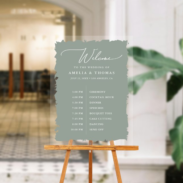 Elegant Wedding Sage Green Welcome and Timeline Acrylic Sign (Welcome your guests with our elegant acrylic sign that greets them and displays your event timeline.)