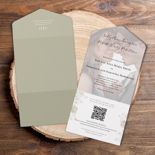 Elegant Wedding Sage Greenery Calligraphy Photo All In One Invitation